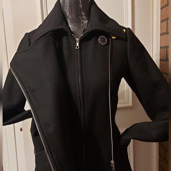 Rudsak Black Wool-Blend Fitted Peacoat Edgy Chic Biker Coat Sleek & Timeless - Picture 6 of 14